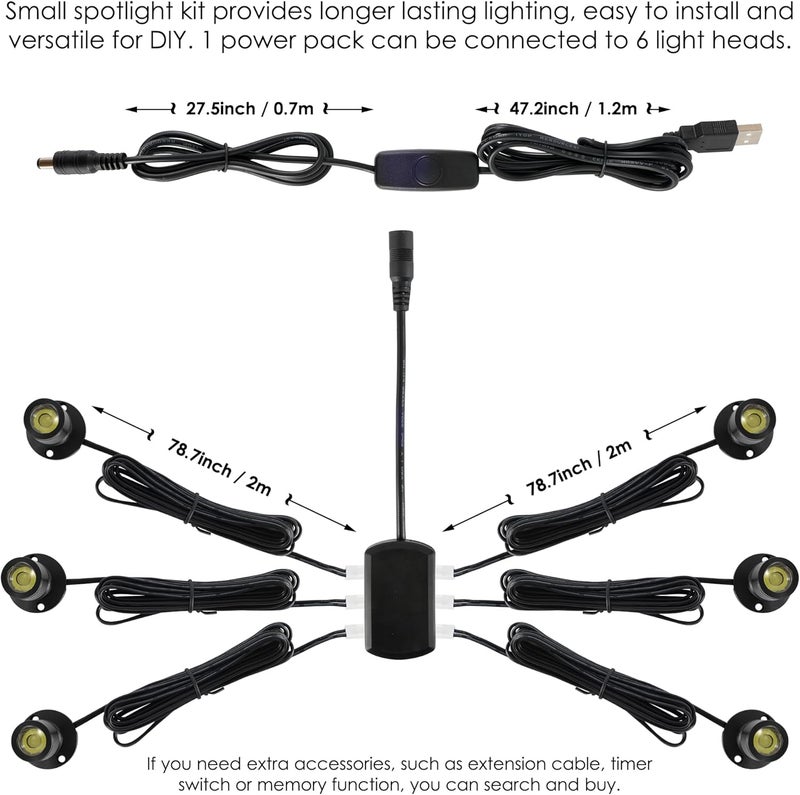 DEDC 6pcs Mini LED Spot Lights, 1W 5V 3000K Under Cabinet Lights, Mini Spotlights for Displays with Dimmer (Warm White-Pushbutton Switches-USB Plug) - Image 4